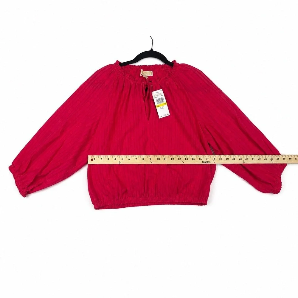 Michael Kors Deep Pink Clip Dot Blouse Long Sleeve Smocked Hem QT6410NL Womens M